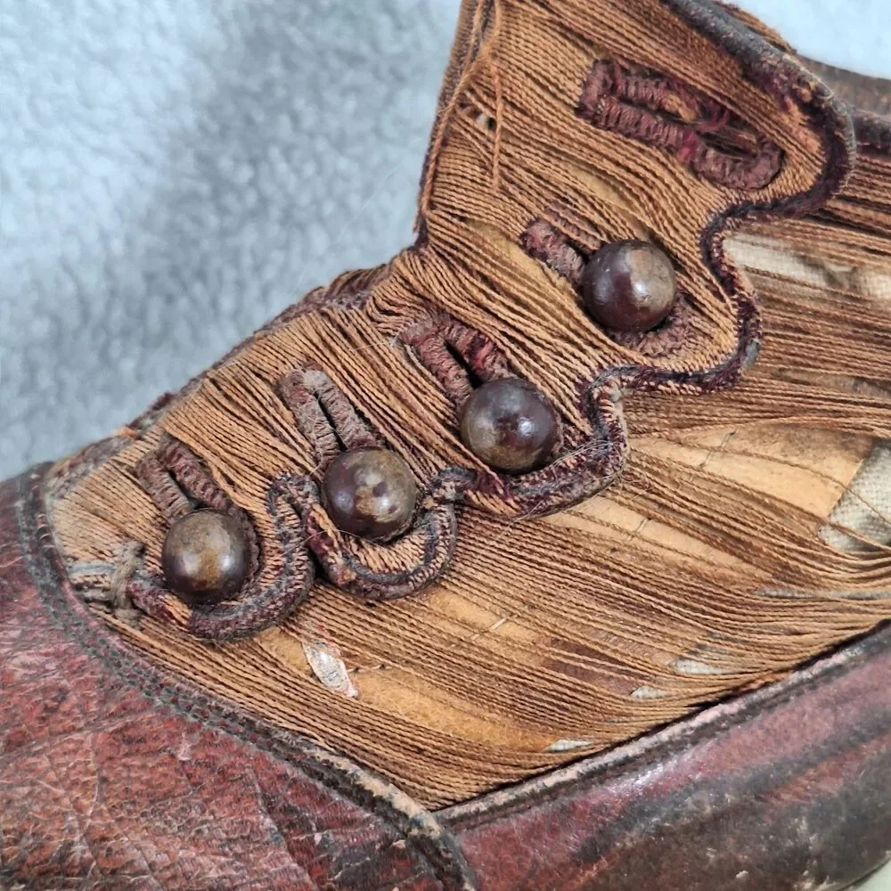 Antique Victorian Baby Boots High-Top Button Brown Leather Textile Pair Vintage